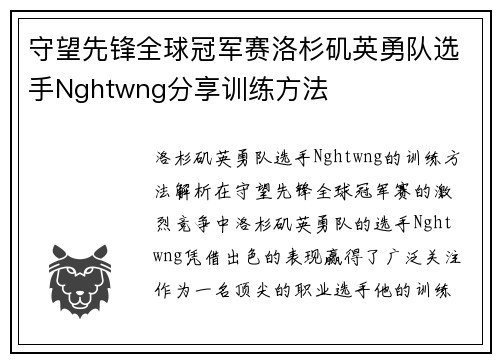 守望先锋全球冠军赛洛杉矶英勇队选手Nghtwng分享训练方法