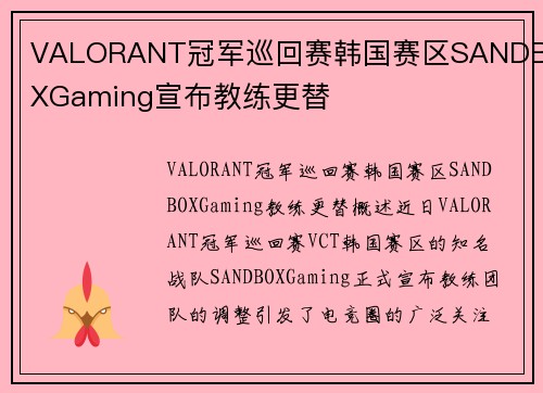 VALORANT冠军巡回赛韩国赛区SANDBOXGaming宣布教练更替