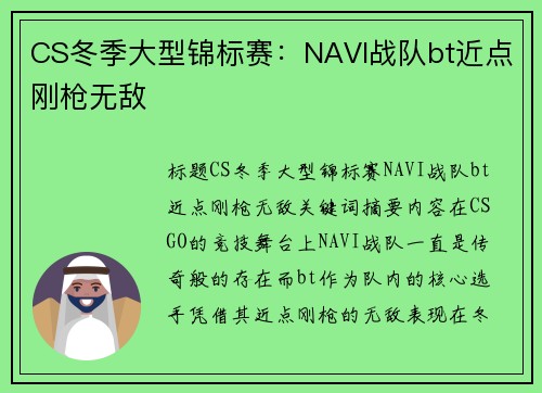 CS冬季大型锦标赛：NAVI战队bt近点刚枪无敌